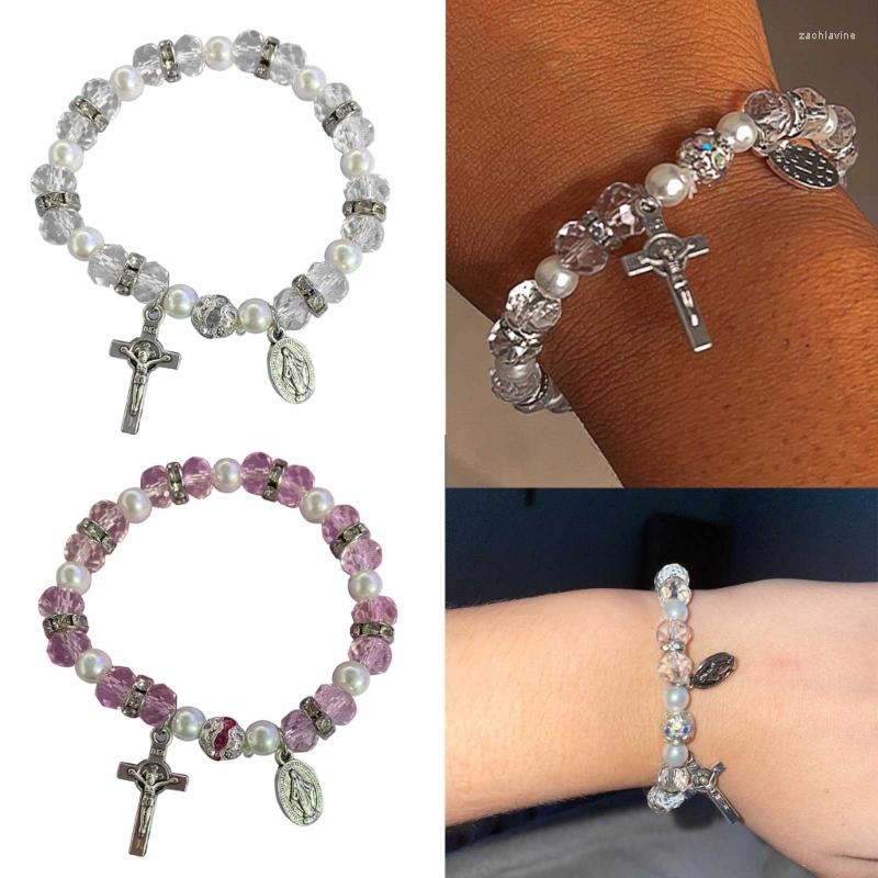 

Link Bracelets Catholic Church Crucifix Pendant Beaded Bracelet Jesus Prayer Crystal Pearls Beads Chain Religious Jewelry