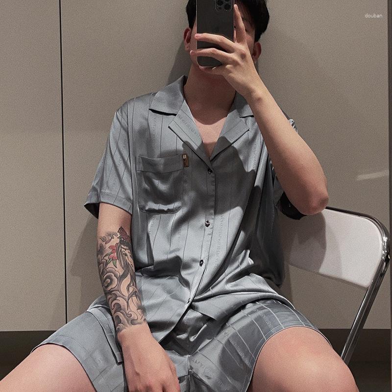 

Men's Sleepwear QSROCIO Men's Summer Silk Like Pajamas Thin Short Sleeve Cardigan Striped Letter Jacquard Casual Large Home Clothing, Blue