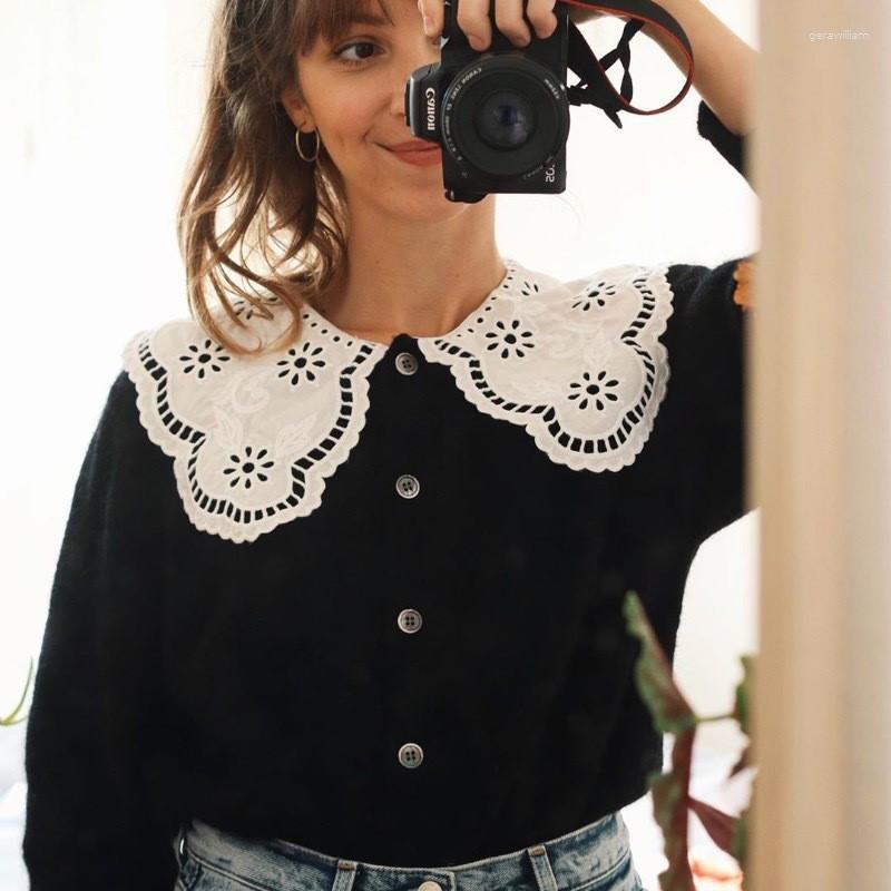 

Women' Knits Embroidery Lapel Knitting Cardigan Alpaca Blending Fund 2023 Autumn Winters Female Sweater Flowers Loose Sweet, Black