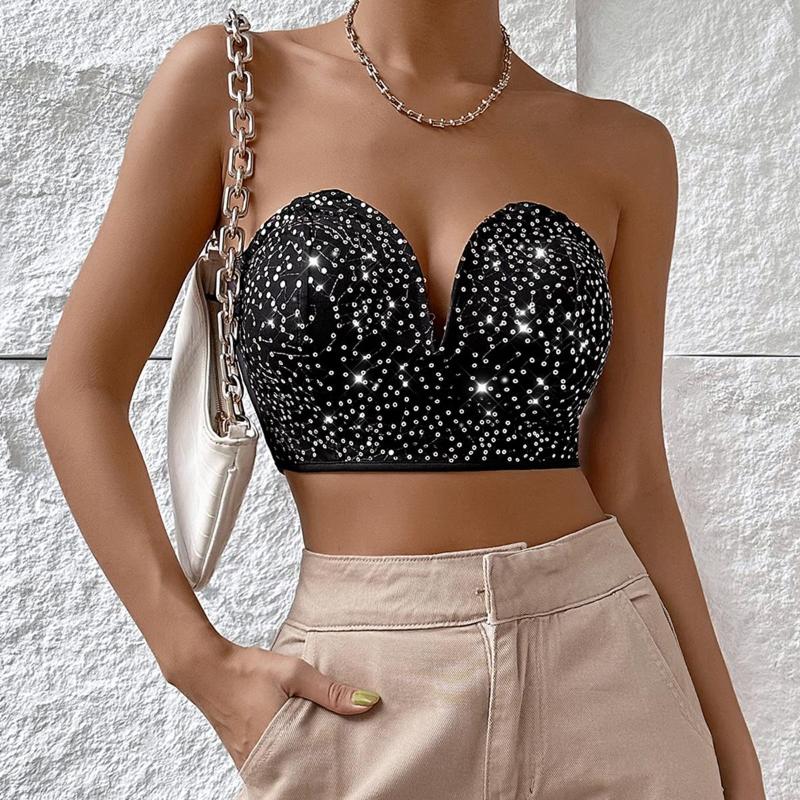 

Women' Tanks Summer Sexy Deep V Sequin Tank Top Women Stage Party Shaper Camis Bra Shirt Woman Clothes Punk Corset Ladies Crop Tops Y2k, Black