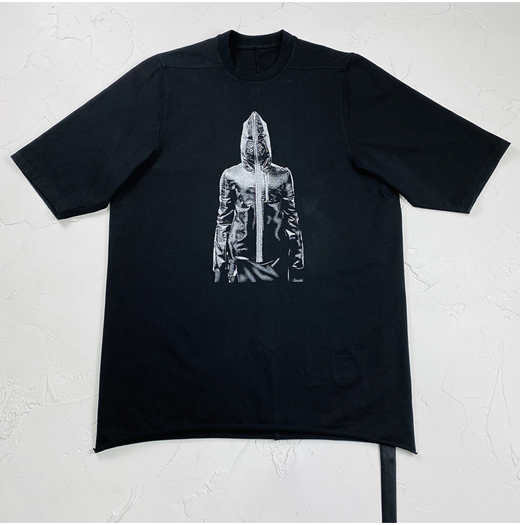 

Fashion Brand Rick Men Oversized Printed T-shirt Men's Owens Loose T-shirt Splice Cut Loose Oversized Rough Edge Thick Fabric Top, Black