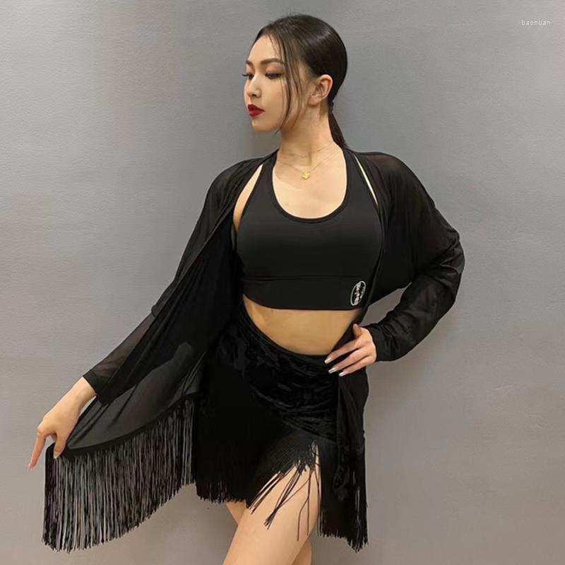 

Stage Wear Summer Latin Dance Clothes For Women Tassel Coat Black Vest Fringe Skirt Adult Practice Rumba Samba Costume DNV17832, Only vest