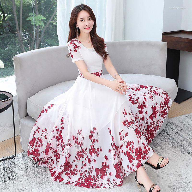 

Party Dresses Chiffon Printed Dress Women' 2023 Summer Korean Version Slim Fit Large Swing Mid Length Style Beach Holiday