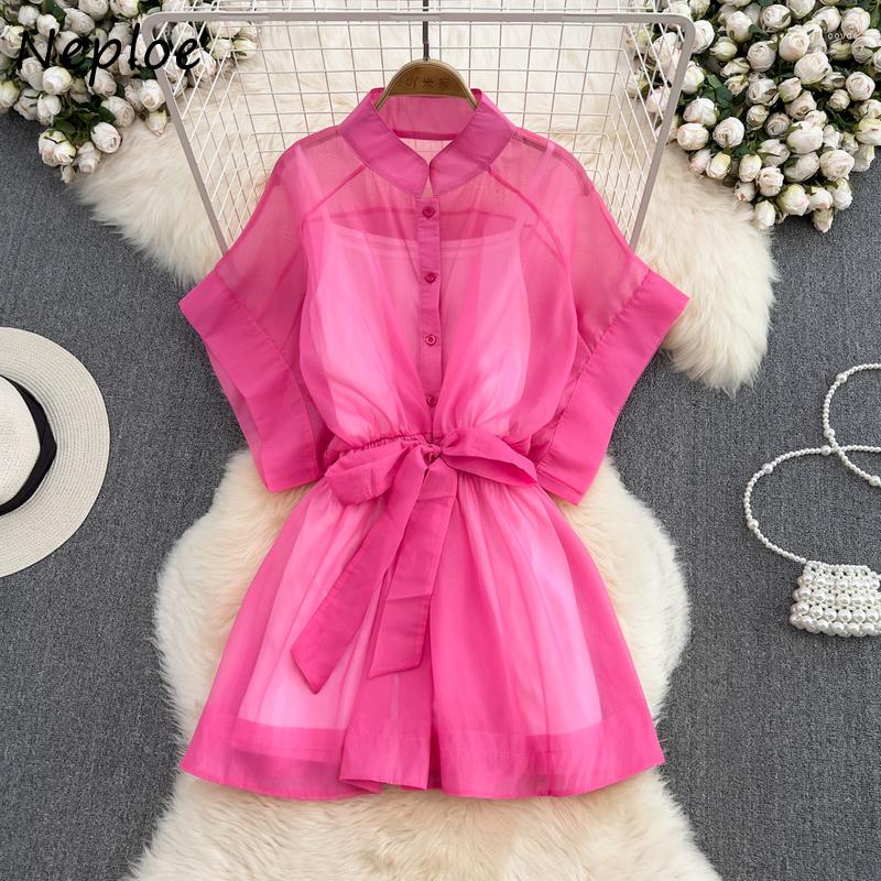 

Work Dresses Neploe Stand Neck Batwing Sleeve Bandage Slim Waist Dress Single-breasted Suit Solid Color Vest Outfits Korean Chic 2pcs Set, Rose red