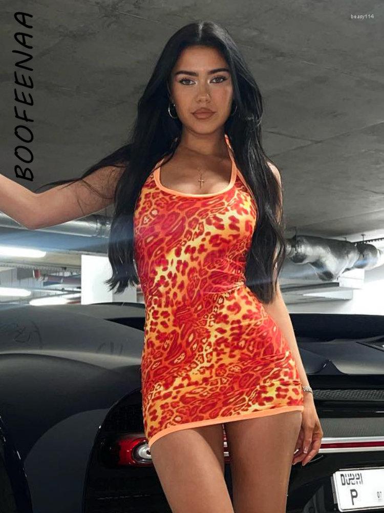 

Casual Dresses BOOFEENAA Leopard Orange Print Sexy Summer Dress Women 2023 Halter Backless Mini Y2k Night Club Outfits C16-AI15