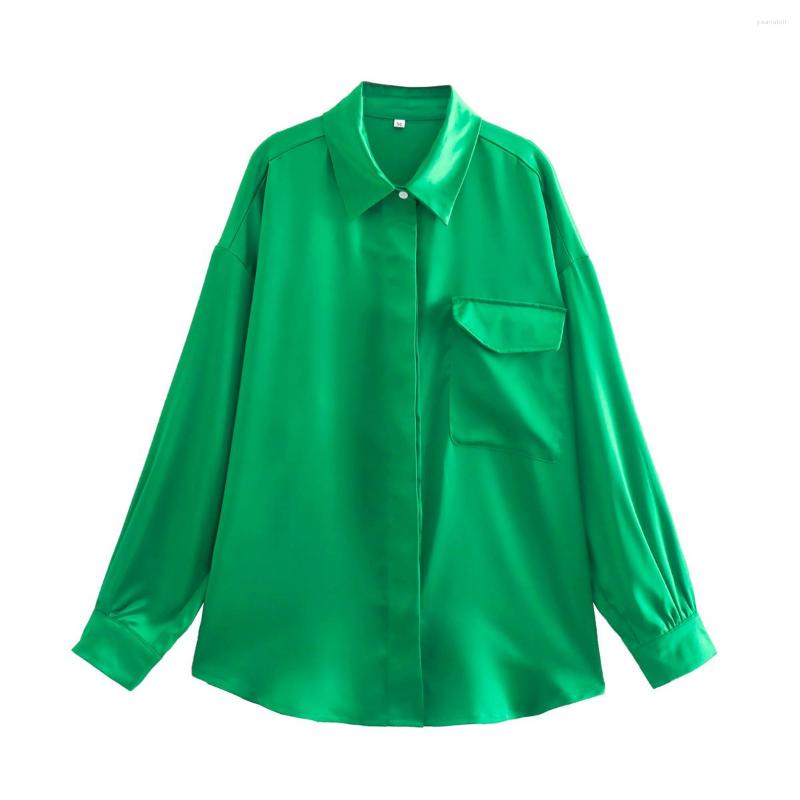 

Women' Blouses Women Green Satin Shirt Long Sleeves Female Oversized Blouse Hidden Buttons Chic Lady Spring Summer Fashion Y2K Top, Shorts