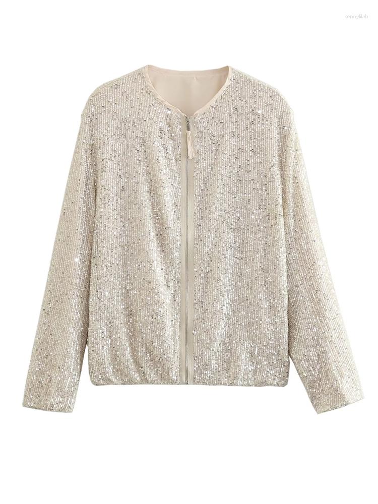 

Women' Jackets YENKYE 2023 Women Silvery Sequin Bomber Jacket Vintage Long Sleeve O Neck Female Casual Outerwear, Silver