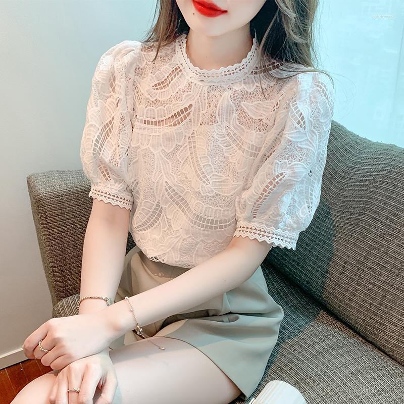 

Women' Blouses Lace Puff Long Sleeve Blouse Vintage Fashion Elegant Femme Blusas Korean Woman Tops Women Shirts White Drop, White blouse