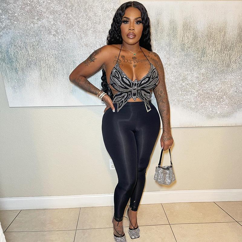 

Women's T Shirts Ladies Street Creative Beautiful Butterfly T-Shirt Summer Drilling Sleeveless Bandage Skinny, Black