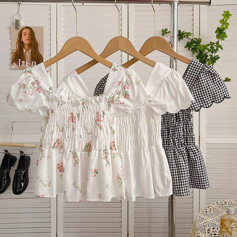 

Women's Blouses Sweet Korean Fashion For Women Square Collar Pleated Short Sleeve Summer Casual Femme Crop Shirts Tops Skinny Blusas, Pink