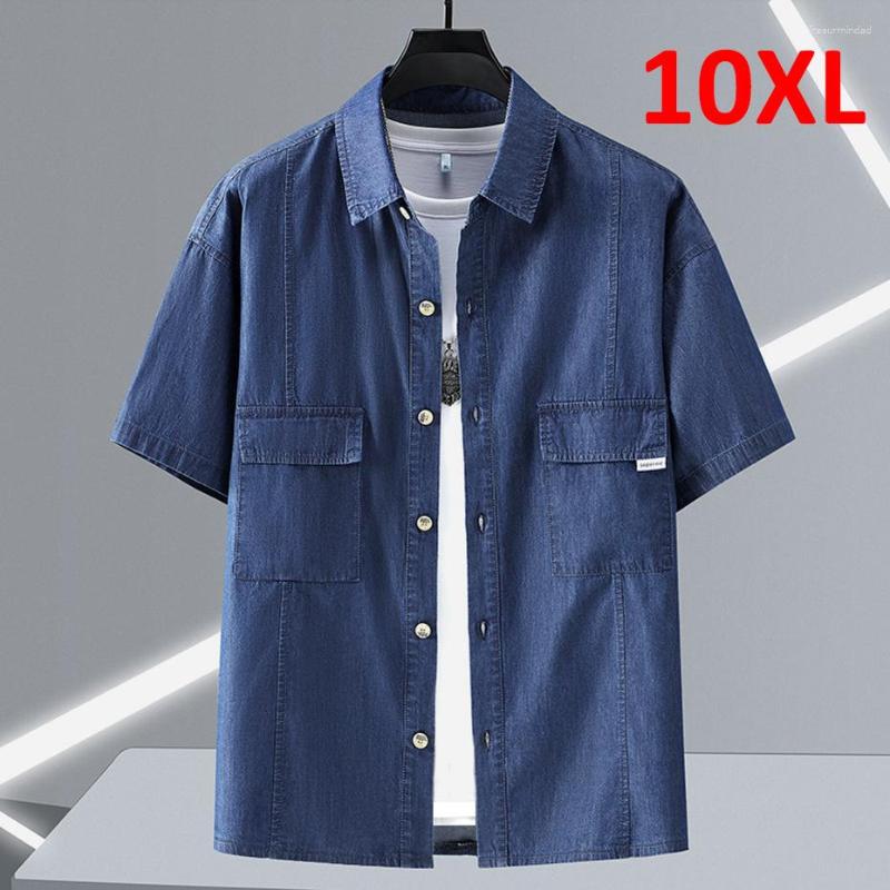 

Men's Casual Shirts Summer Denim Shirt Men Short Sleeve Jackets Male Plus Size 10XL Jean Blue Solid Color Tops, Beige