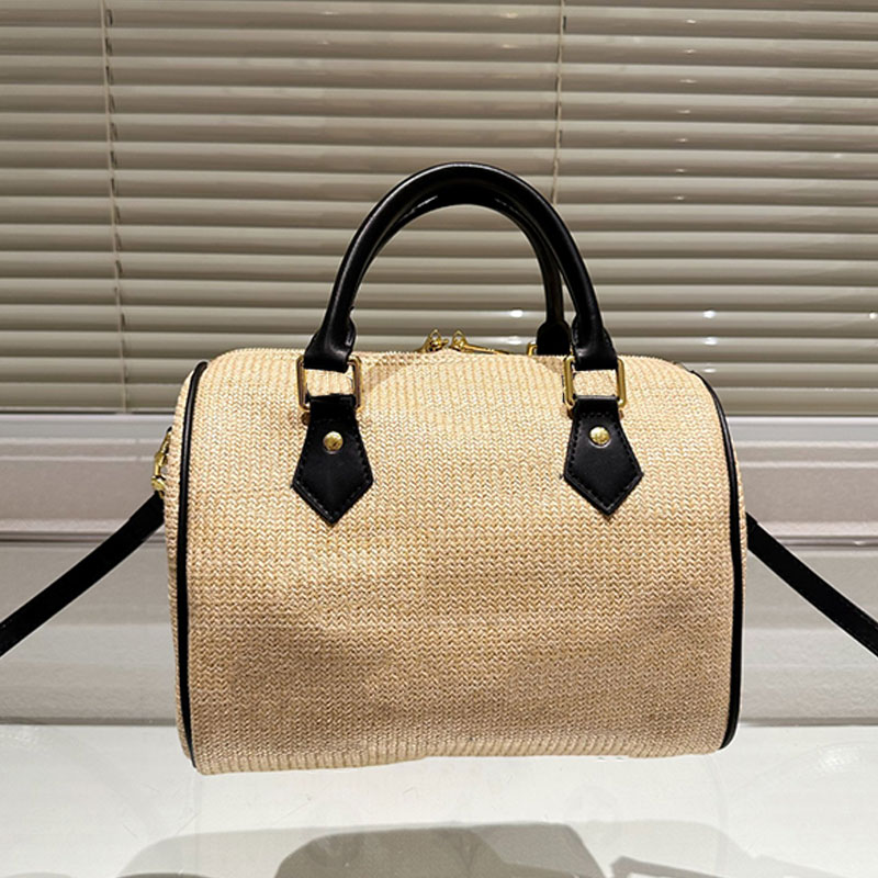 

Straw Woven Pillow Bag Beach Handbag Rafffia Weave Shoulder Bags Embroided Classic Letter Genuine Leather Trim Detchable Strap Crossbody Purse, 13*17cm