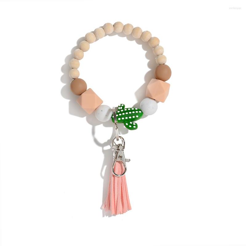 

Charm Bracelets Silicone Keychain For Keys Tassel Wooden Beads Wrist Keyrings Bracelet Fashion Anti-lost Useful Women Men Keychains