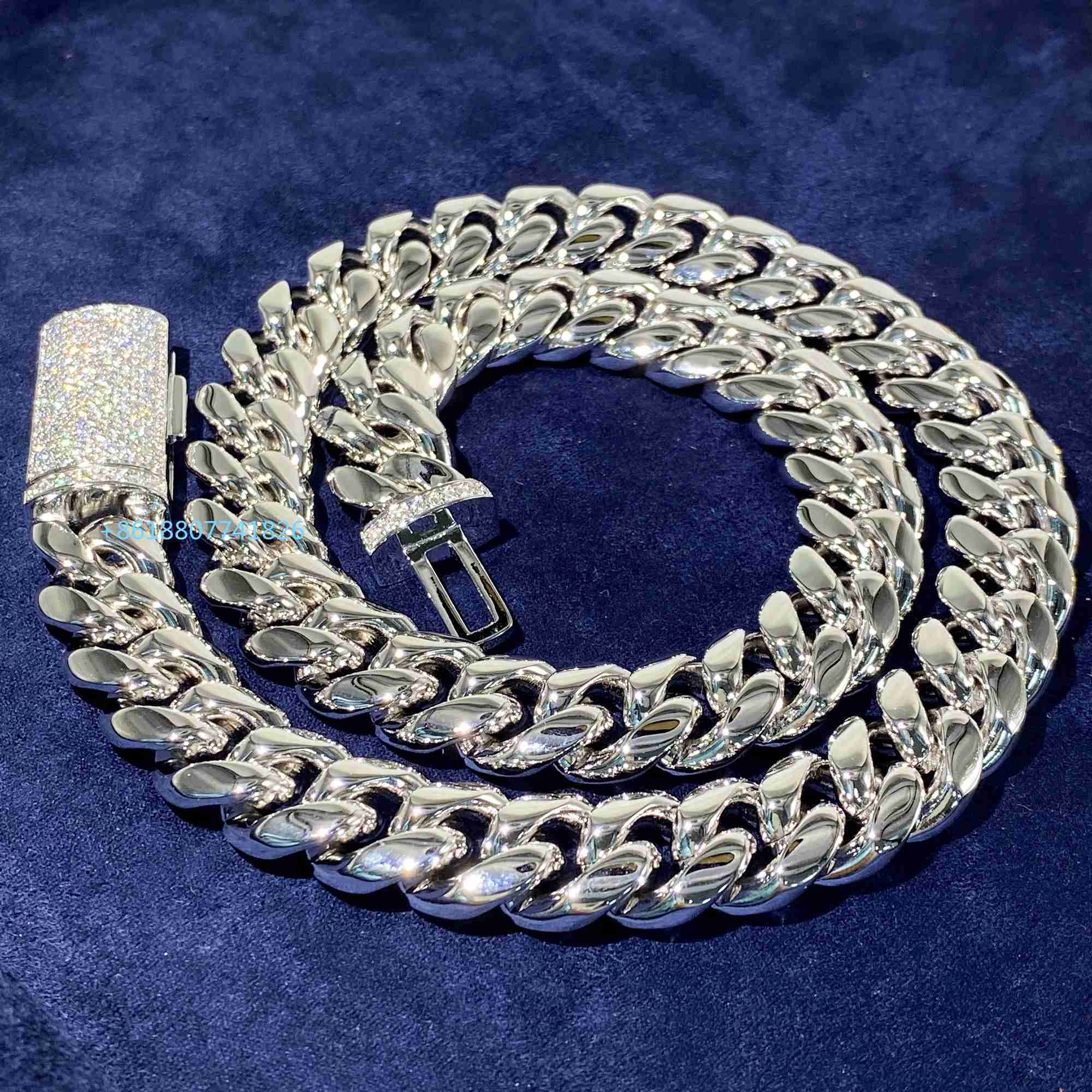 

Popular Miami 12mm 14mm Sterling Silver Iced Out Moissanite Vvs Diamond Box Lock Stainless Steel Cuban Chain Necklace