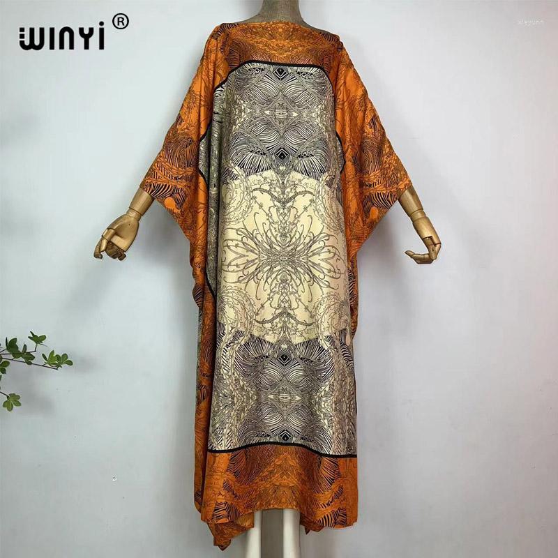 

Women's Swimwear WINYI 2023 Summer Muslim Fashion Boho Printed Silk Kaftan Maxi Dress Beach Bohemian Long For Lady
