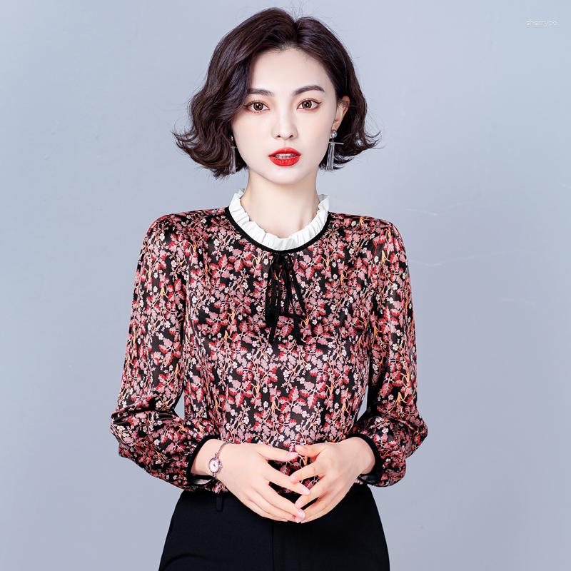 

Women's Blouses Korean Version Of Spring And Autumn Floral Shirt Women's Long-sleeved Fashion Mulberry Silk Womens Tops, Blue