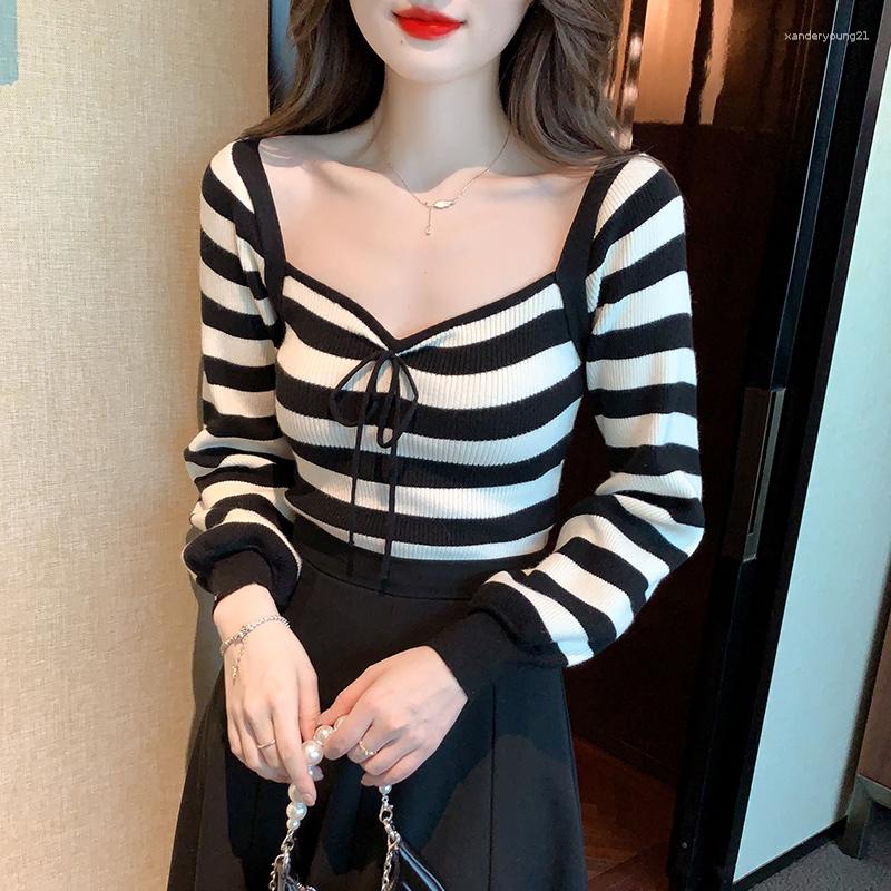 

Women' Sweaters French Retro Square Collar Lantern Sleeve Striped Knitting Pullovers Korean Autumn Winter Bow Women' Clothing 2023, Black