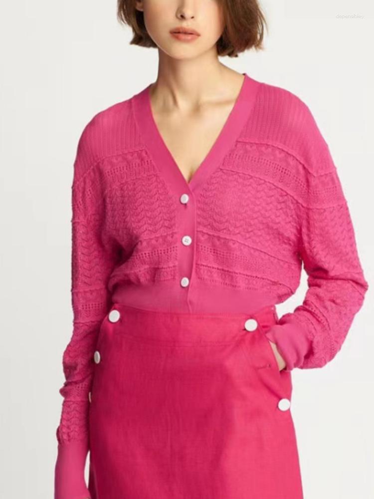 

Women's Knits 2023 Spring And Summer Solid Color Hollow Knitted Sweater Cardigan Women Short Sun Protection V-neck Thin Long-sleeved Shirt, Rose red
