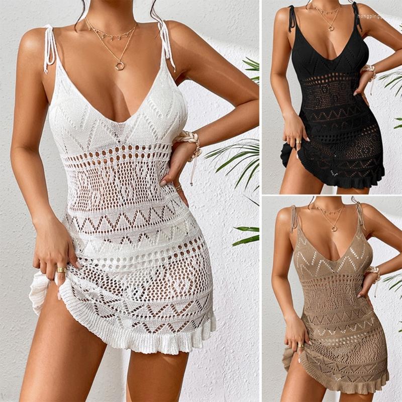 

Women's Swimwear Womens Deep V-neck Beach-Dress See-Through Crocheted Swimsuits Cover Up Hollow Out Bathing Suit For Beachwear, White