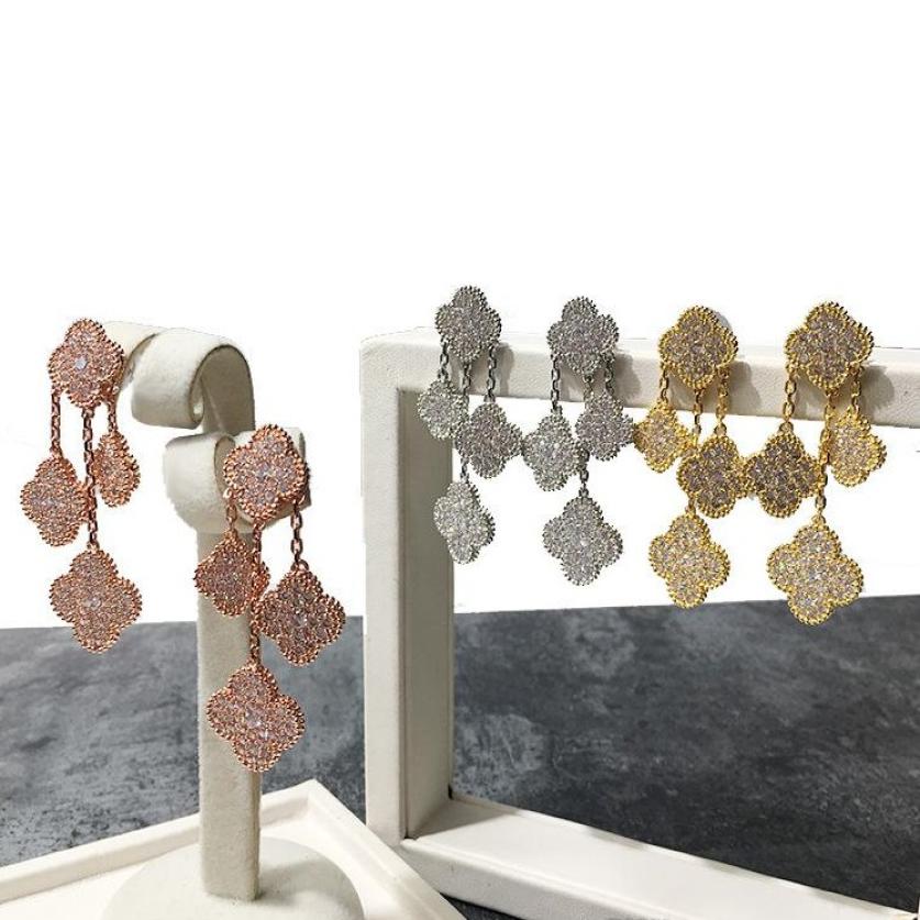 

high quality yellow rose white gold plated full cz stone 4 flowers drop earrings for women new arrival luxury fashion jewelry whol3165286