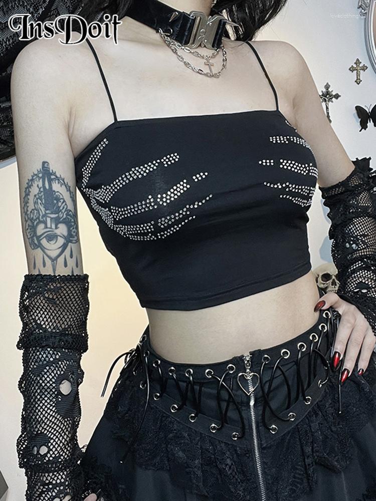 

Women' Tanks InsDoit Gothic Cotton Skull Diamond Print Striped Sexy Tops 2023 Women Sleeveless Cami Crop Top Vest EMO Summer Streetwear, Black
