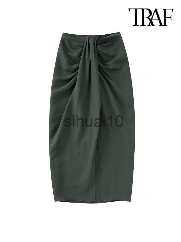

Skirts TRAF Women Fashion Front Knot With Pleats Linen Midi Skirt Vintage High Waist Back Zipper Female Skirts Mujer J230621, As picture