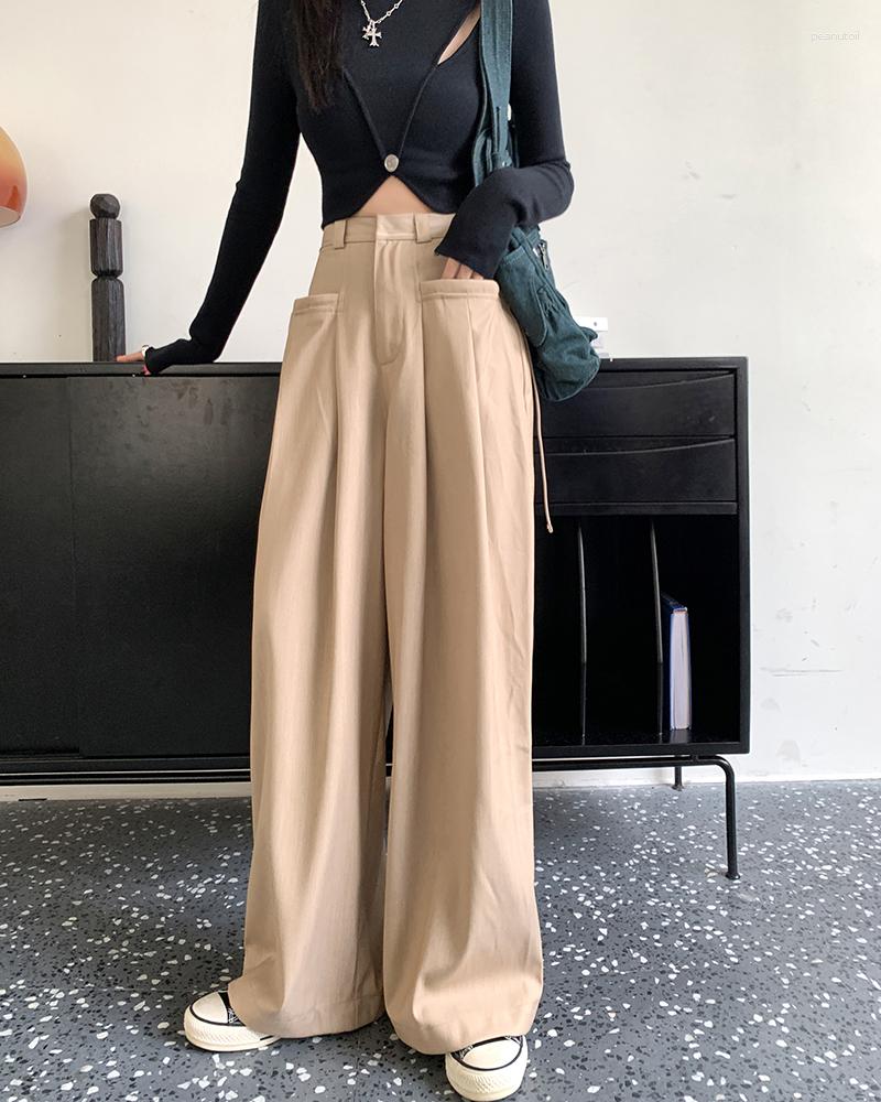 

Women's Pants Casual Loose Fit Wide Leg Women's Pleated Full Length Bottom High Street Hipster Cargo 80% Polyester 20% Cotton, Khaki