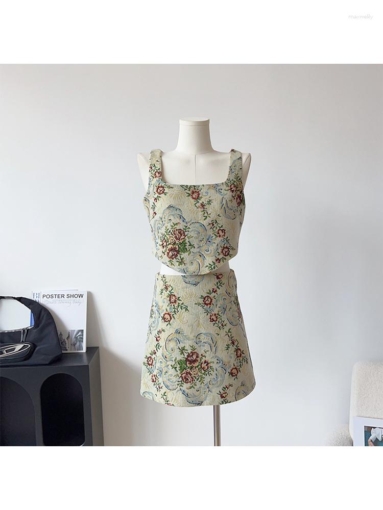 

Work Dresses Women Summer French Vintage Party Jacquard Outfits 2 Piece Set Sleeveless Crop Tank Top Aesthetic A-line Midi Skirt, Beige