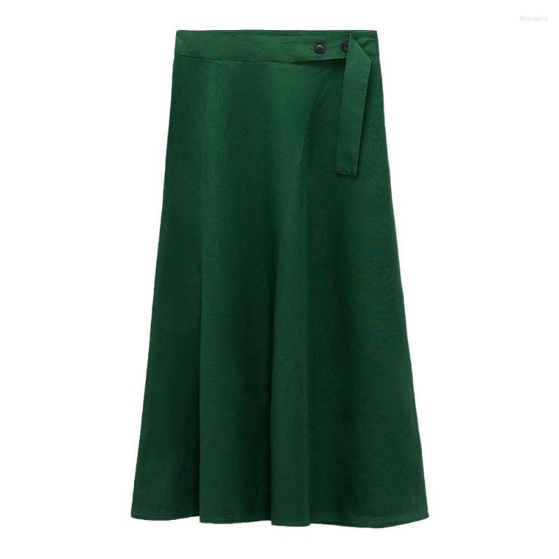 

Skirts Zach AiIsa Summer Women's Fashion All-match Gentle Retro Temperament Linen Blended High Waist Loose Casual Skirt, Green