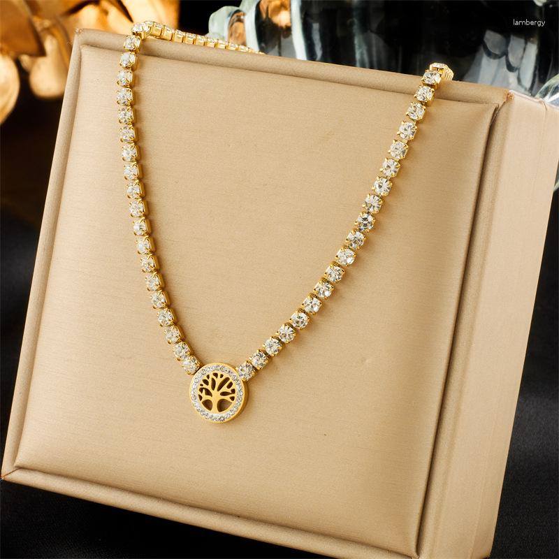 

Pendant Necklaces 316L Stainless Steel Circular Tree Necklace For Women Girl Fashion Luxury Zircon Crystal Chain Jewelry Gift Drop
