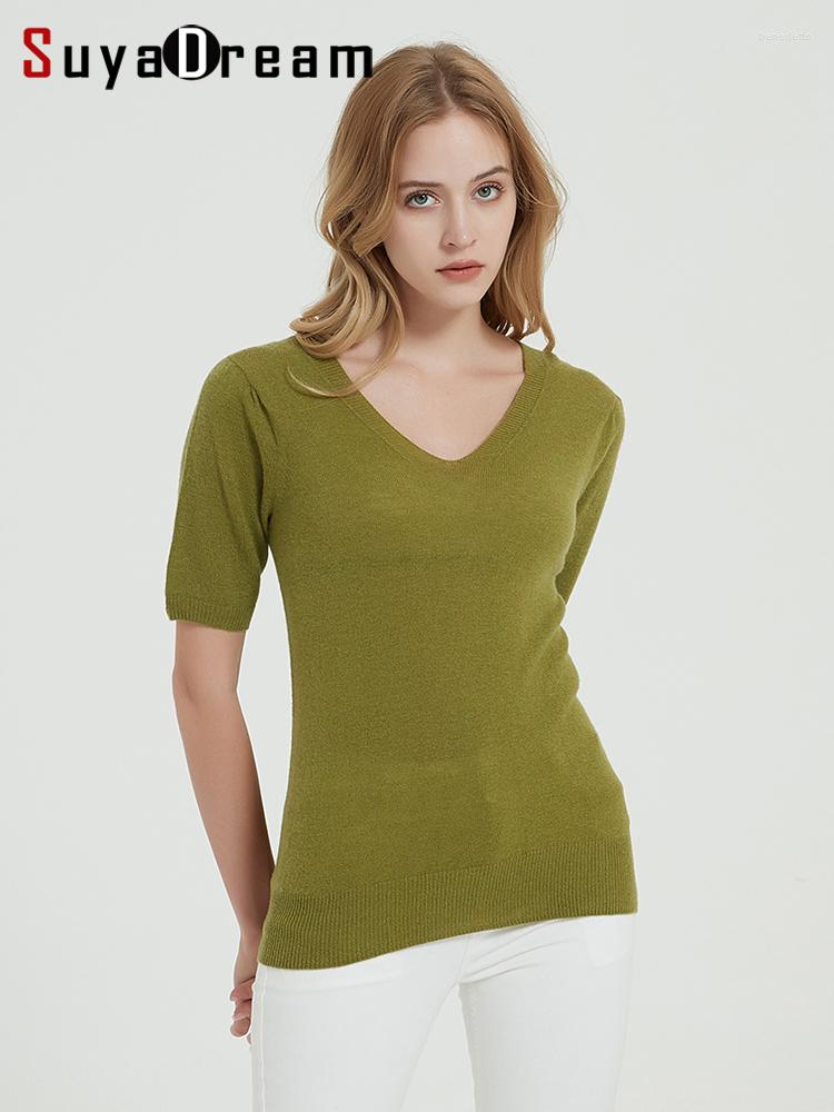 

Women' Sweaters SuyaDream Womens' Short Sleeved Pullovers Pure Wool Double V Necks Puff Sleeves Chic 2023 Fall Winter Basic Tops, Sky blue