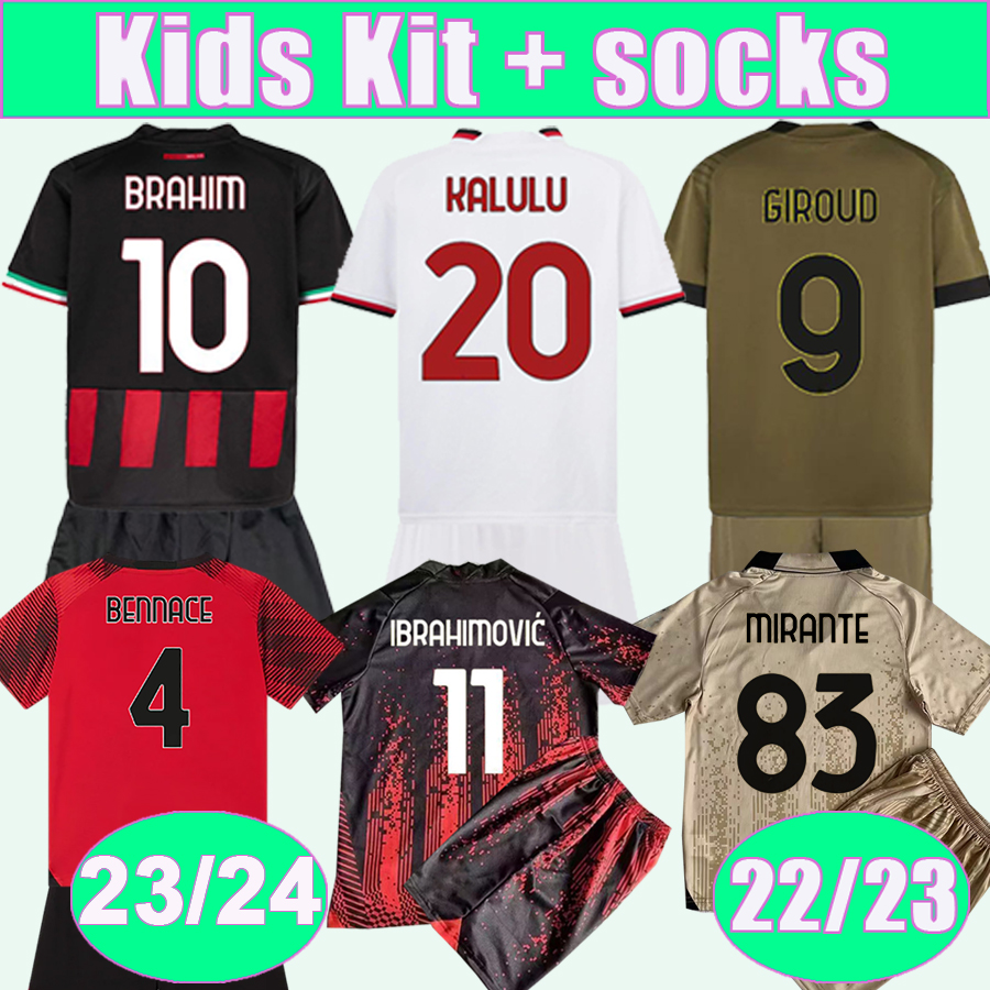 

2023 24 IBRAHIMOVIC Kids Kit Soccer Jerseys 22 23 ROMAGNOLI BENNACER THEO TONALI BRAHIM KESSIE Home Away 3rd 4th Goalkeeper Football Shirt Uniforms, Tz11010 22 23 home no socks