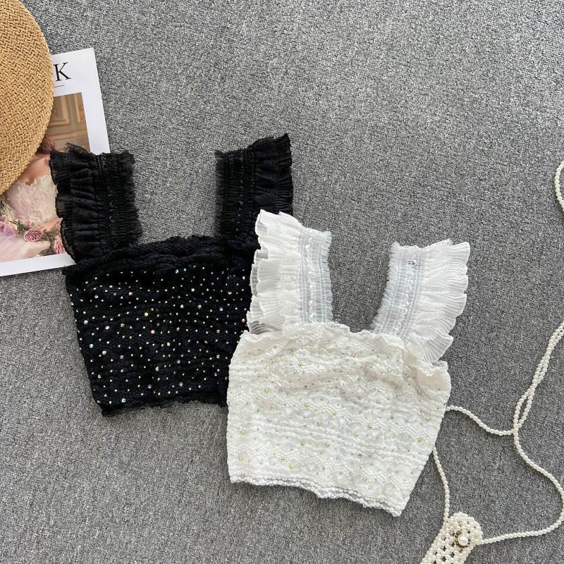 

Women's Tanks French Diamond Lace Camis Women's Fashion Sexy Sleeveless Summer Slim Fit Short Tank Tops Ropa Mujer K557, Black