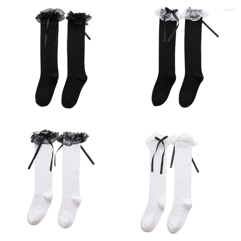 

Women Socks Girls Lolita Cotton Knee High Long Sweet Ruffles Lace Trim Bowknot Japanese Kawaii Stockings Cosplay Hosiery