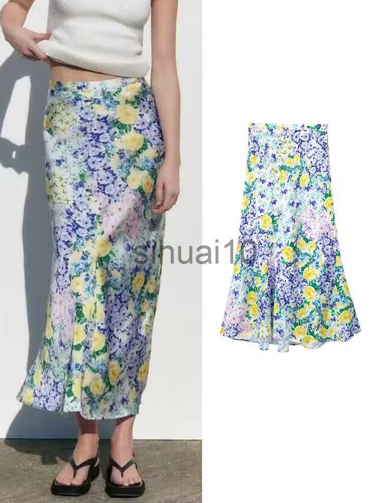 

Skirts TRAF New Women's Floral Printed Midi Skirt 2023 Summer Female High Waist Chic A-line Dress Vintage Beach Style Mid-Calf Skirt J230621, As picture