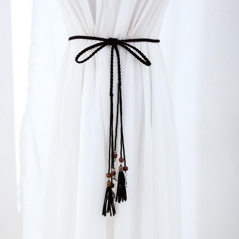 

Belts Color Optional Women Waist Belt Vintage Bohemian Elastic Braided Knot Dress Shirt Seal, Black