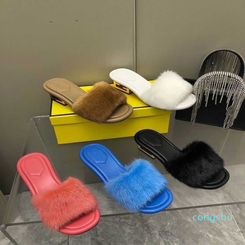 

Summer metal with mink fur sandals female a word thick with slippers outside soft sheepskin in with sandals, Black7