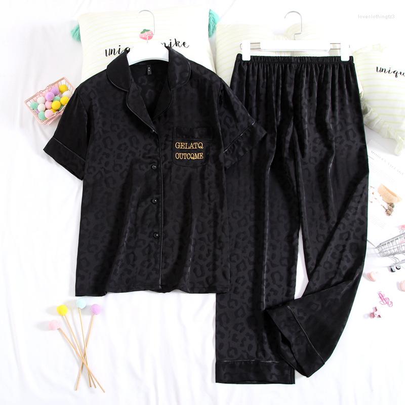 

Women's Sleepwear Black Rayon Pajamas Set Lapel Nightwear Women Sleep Suit Ice Silk Homewear Casual Loose Short Sleeve Home Clothes