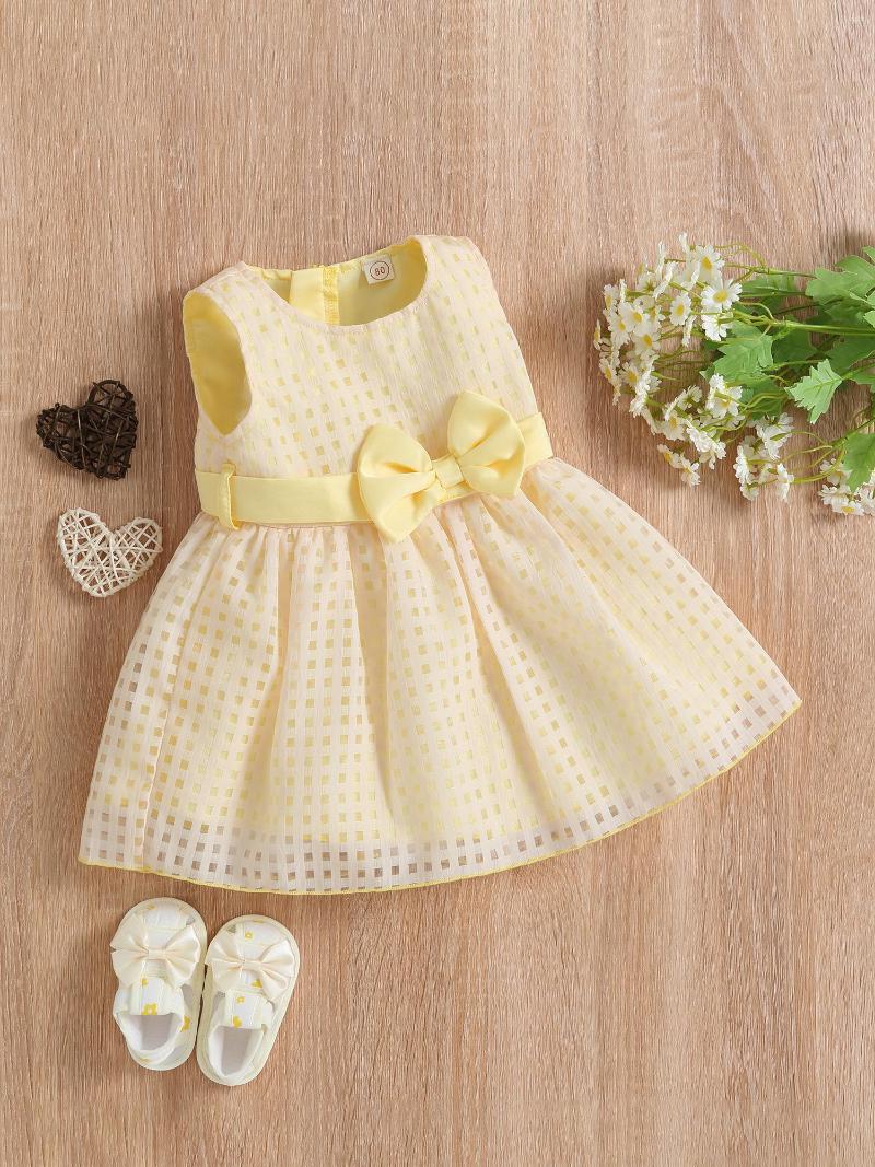 

Girl Dresses Baby Plaid Sleeveless Dress With Bow Belt And Crewneck A-Line Summer Clothes In Solid Colors For Toddlers, Pink