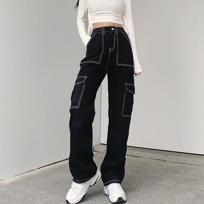 

Women' Jeans Pockets Patchwork Baggy Women 2023 Autumn Black Wide Leg Denim Trousers Woman Streetwear Loose Cargo Pants