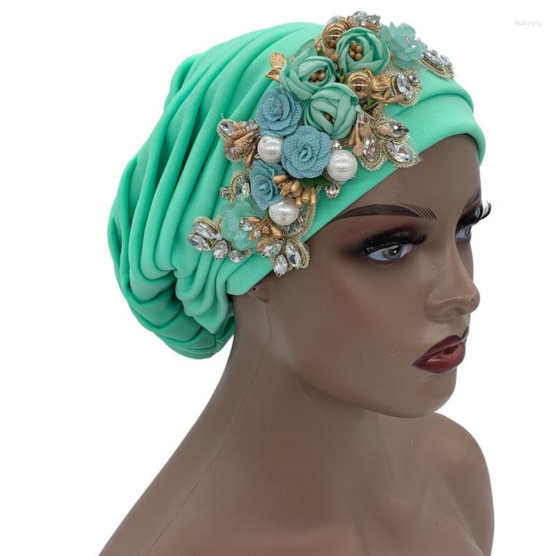

Ethnic Clothing Glitter Rhinestone Flower Full Body Pleated Turban Cap Muslim Women's Head Wrap Bonnet Female Party Headpiece Turbante