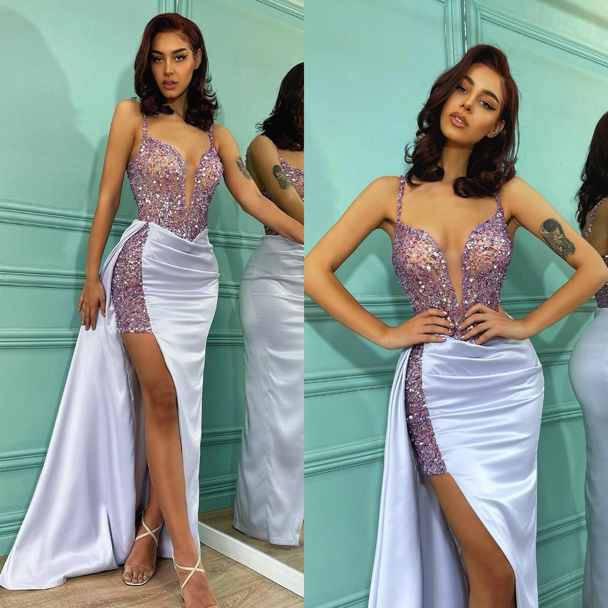 

Sexy Lavender Prom Dresses Sequins Spaghetti Evening Gowns Slit Pleats Formal Red Carpet Long Special Occasion dress, Customize