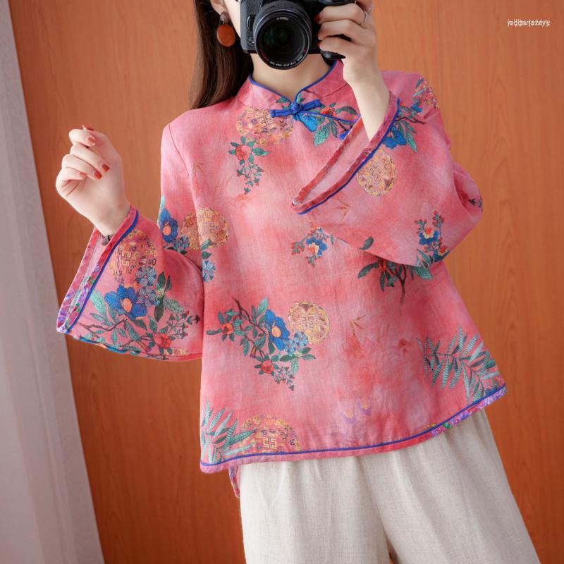 

Ethnic Clothing Chinese Style Traditional Summer Women Tops 2023 Vintage Printing Female Shirt Loose Thin Blouse Cotton Linen Hanfu