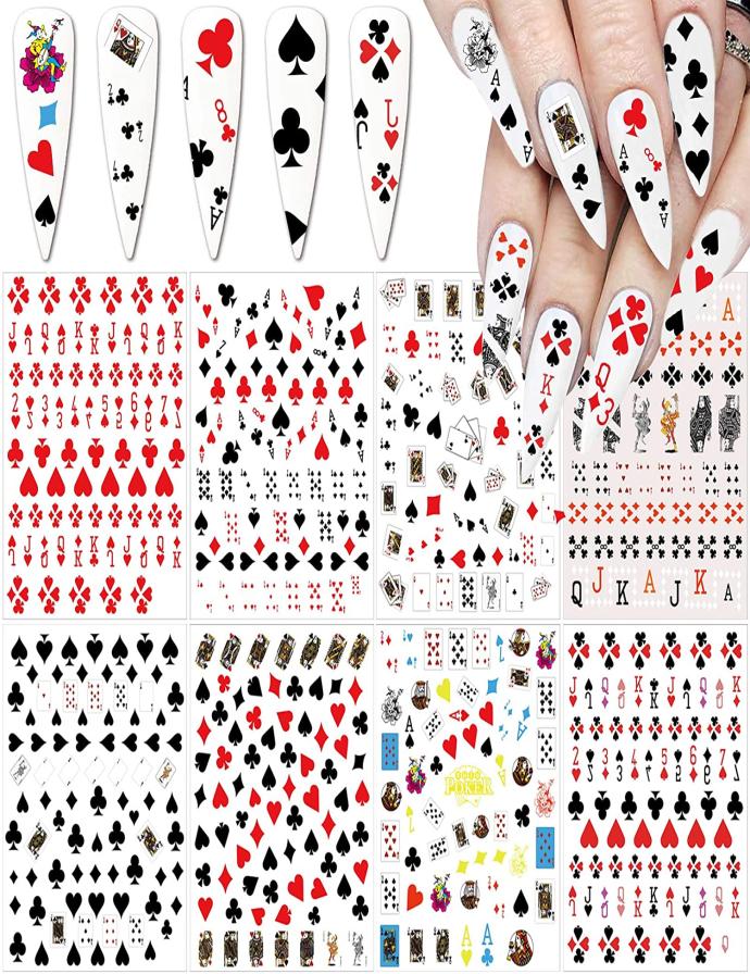 

Poker Nail Art Sticker Decals 3D Fashion Playing Cards Designer Red Heart Diamond Spades Geometric Letter Stickers2092621, Black