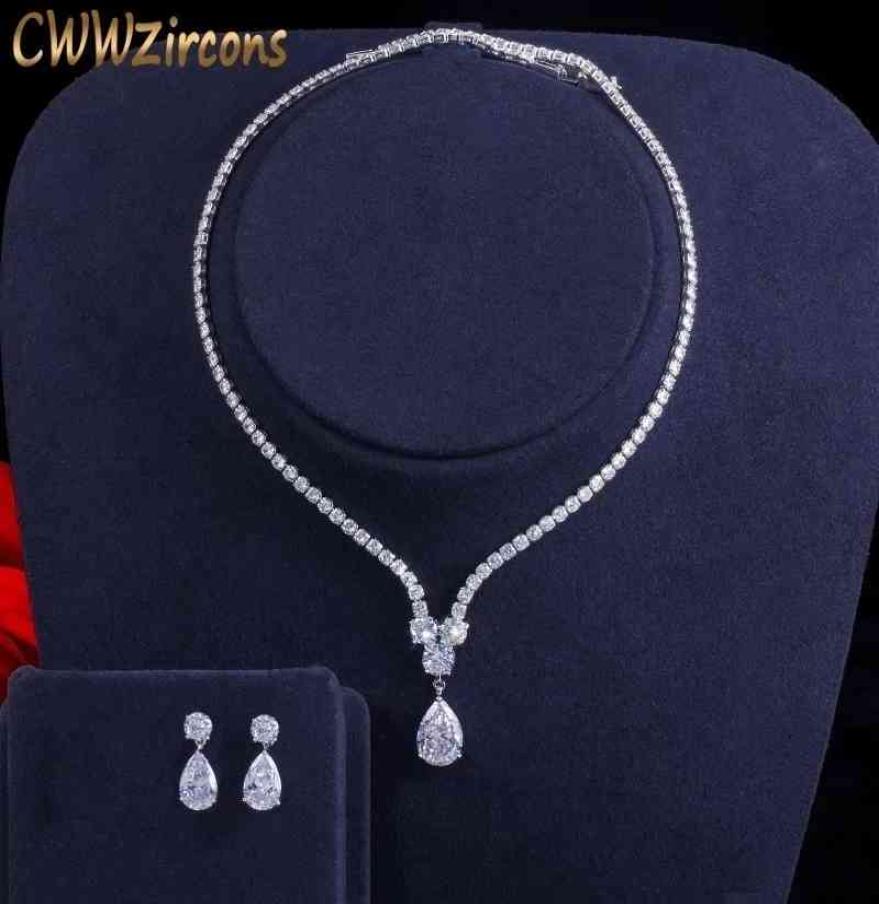 

Jewelry Sets CWWZircons Fashion Cubic Zirconia Water Drop Pendant Necklace and Earrings Bridal Wedding for Brides Party T3974531570, White