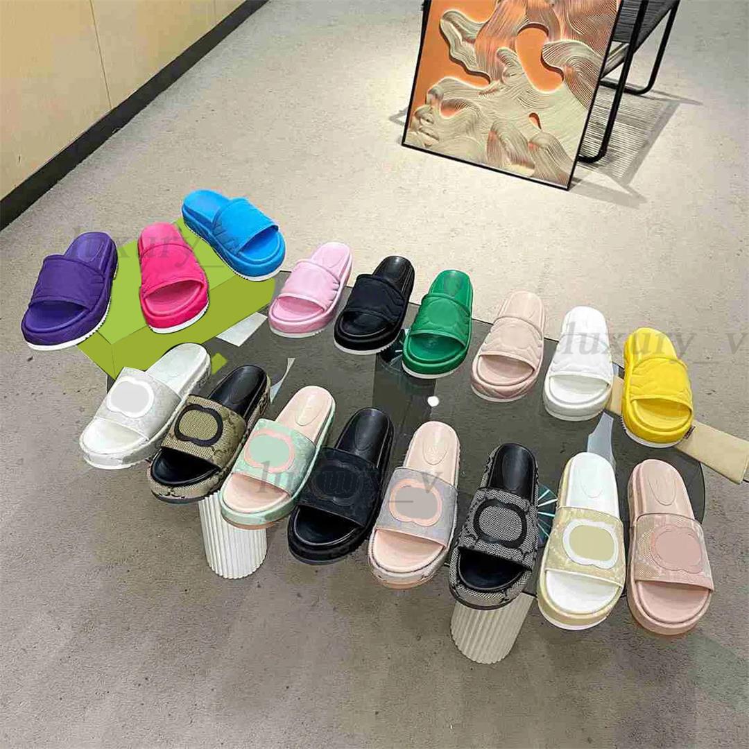 

Designer Women Slippers Platform Rubber Slides Canvas Sandals Leather Embroidered Slides Luxury Thick Bottom Slippers, Color 13
