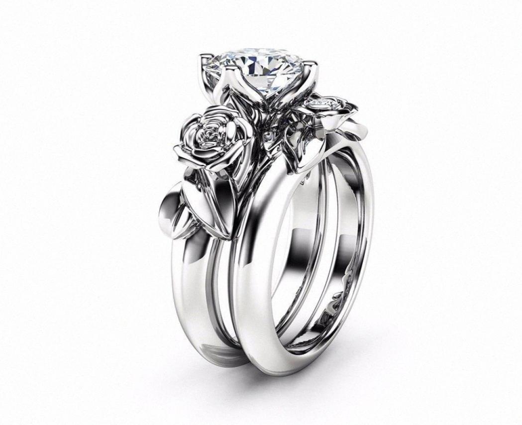 

AMORUI Romantic Rose Flower Women Rings Set GoldSilver Color CZ Stone Wedding Bands Finger Jewelry 2pcsset nQyU3738594