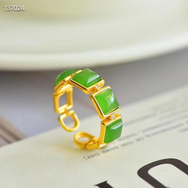 

Cluster Rings Natural Real 925 Sterling Silver Inlaid Green Hetian Jade Open For Women Engagement Gift Men