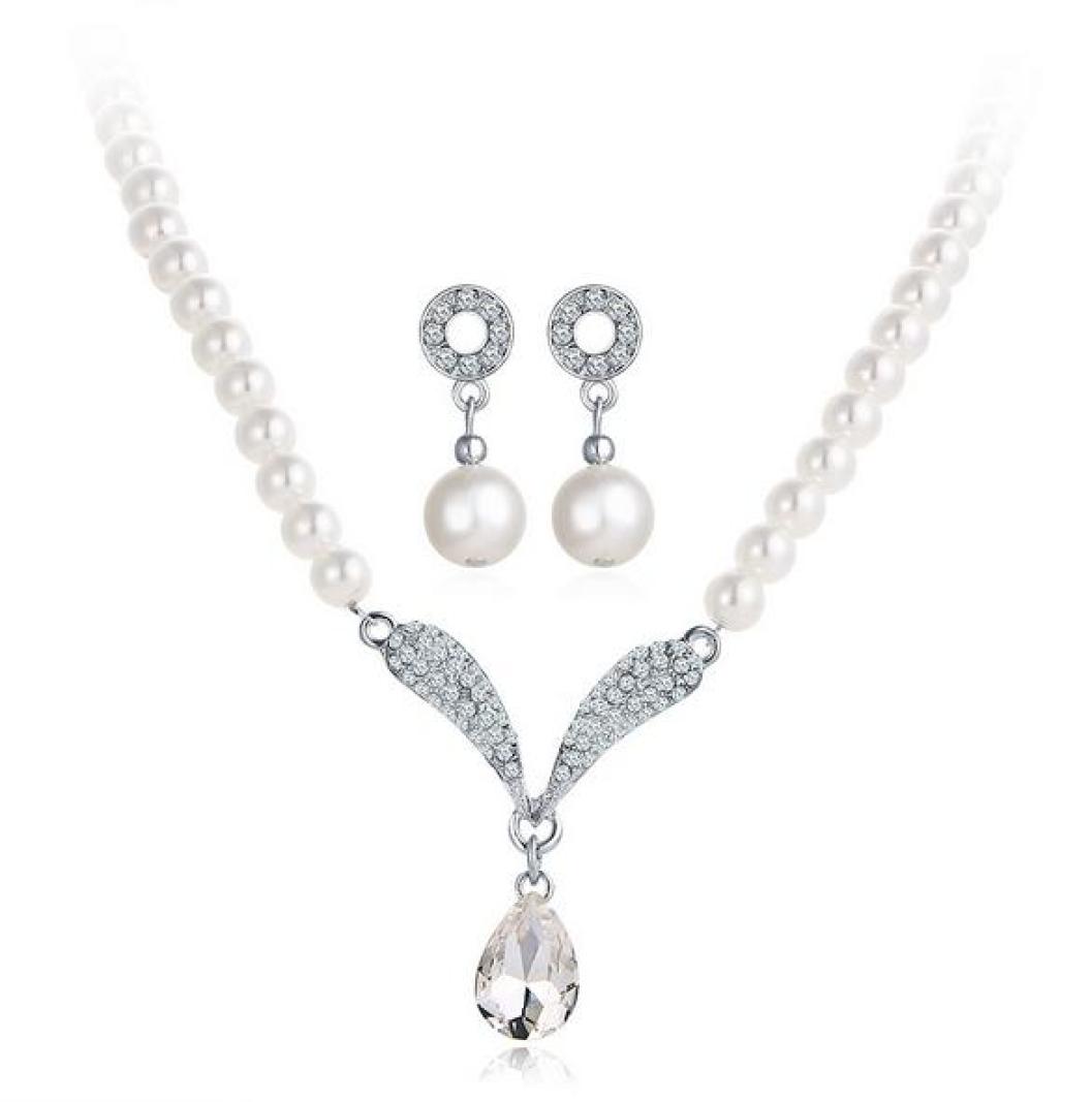 

Fine Pearls Rhinestones Bridal Wedding Chokers Necklaces Circle Angel Wings Pendants Chains Water Drop Dangle Earrings Fashion Acc1191801, Silver