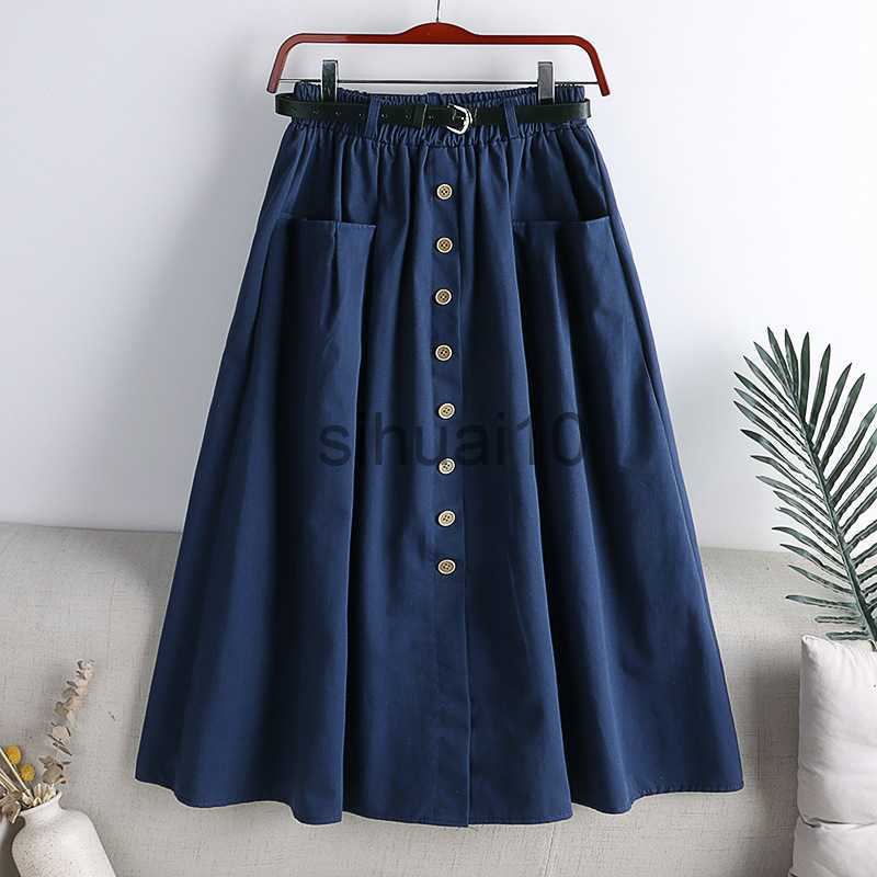 

Skirts Cotton Single Breasted Skirt Women Spring 2024 Autumn Fashion High Waist Pleated Skirt Female A Line Skirt With Belt J230621, Deep blue